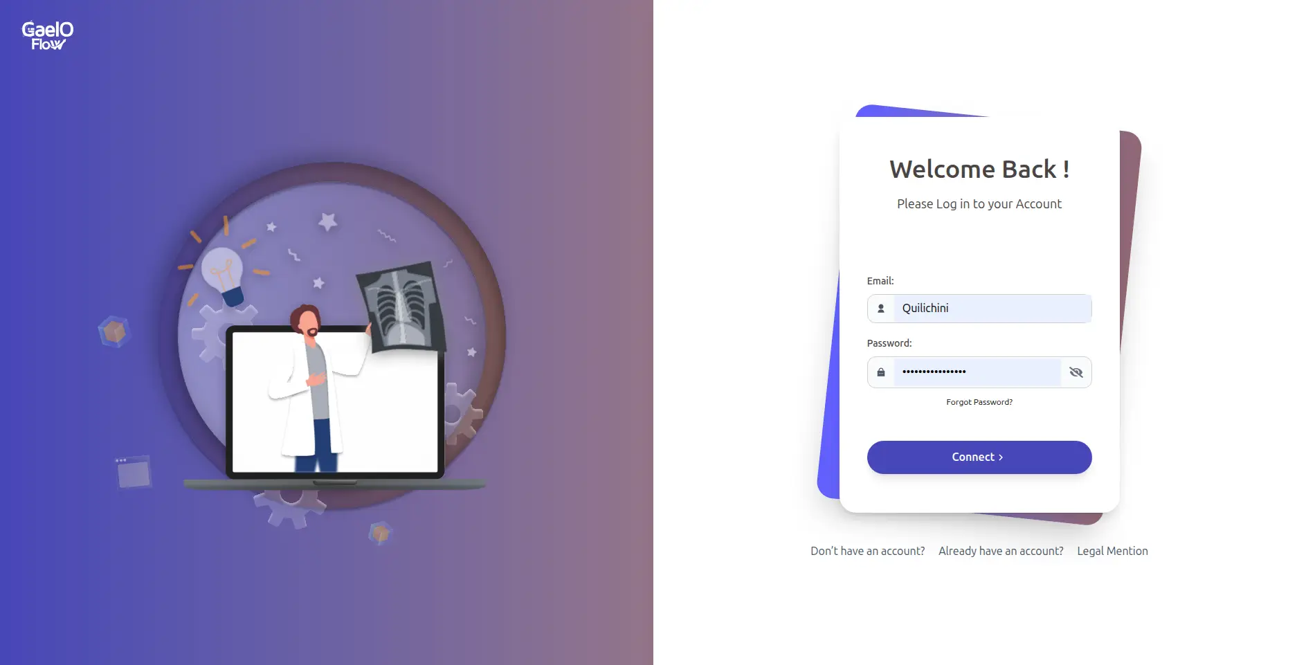 Page de connexion sécurisée à la plateforme de flux DICOM GaelO Flow.
