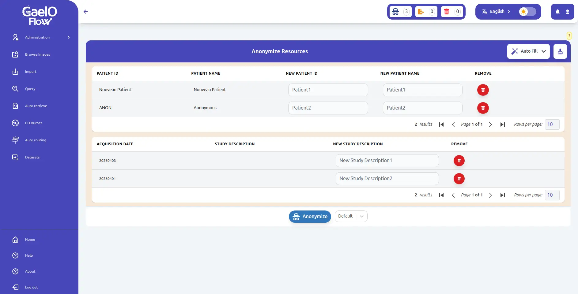 Batch DICOM anonymization module with de-identification profiles.