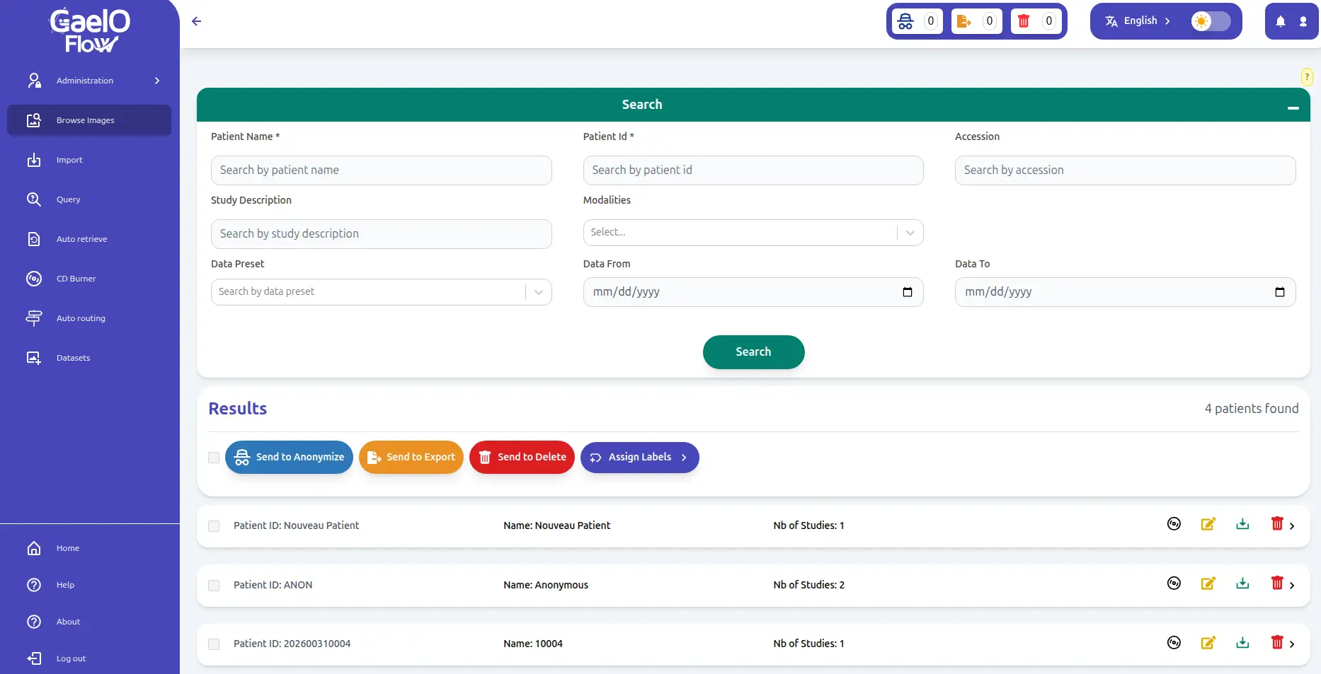 GaelO Flow DICOM Query/Retrieve interface listing hundreds of imaging series for research.