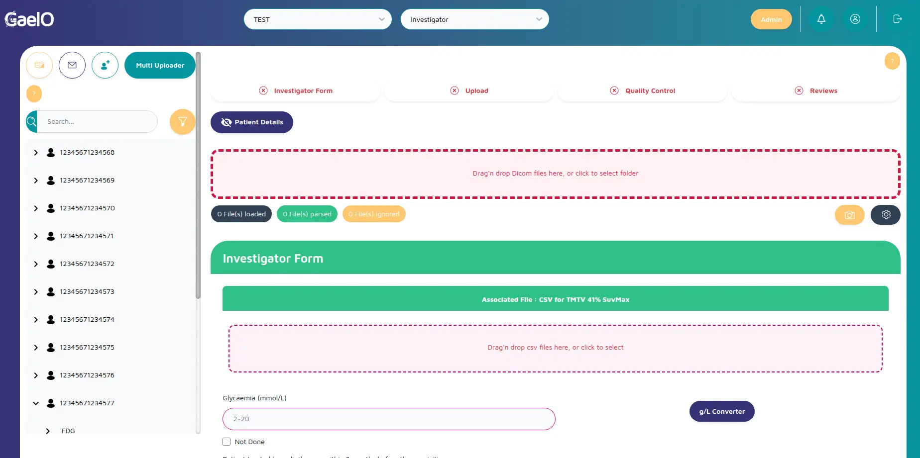 Secure DICOM upload interface with de-identification progress bar.
