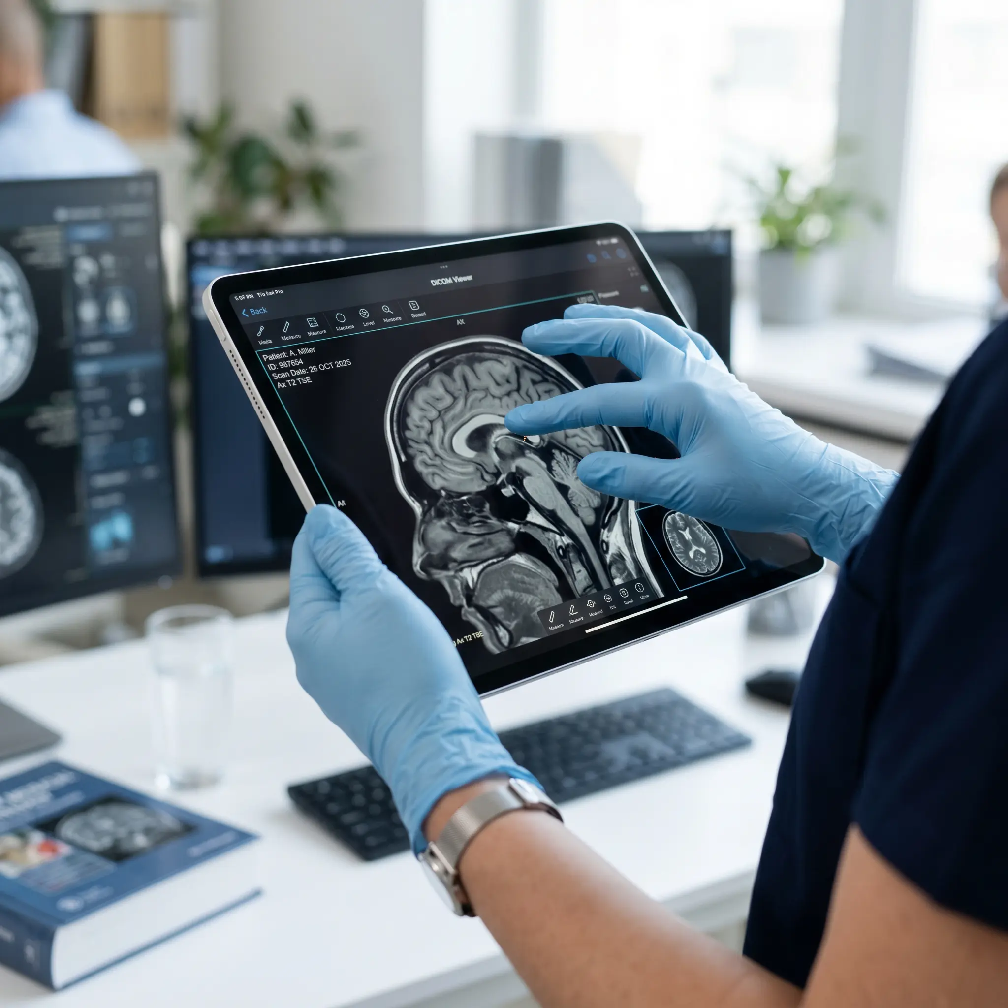 Radiologist using the GaelO DICOM viewer on a tablet in a medical setting.