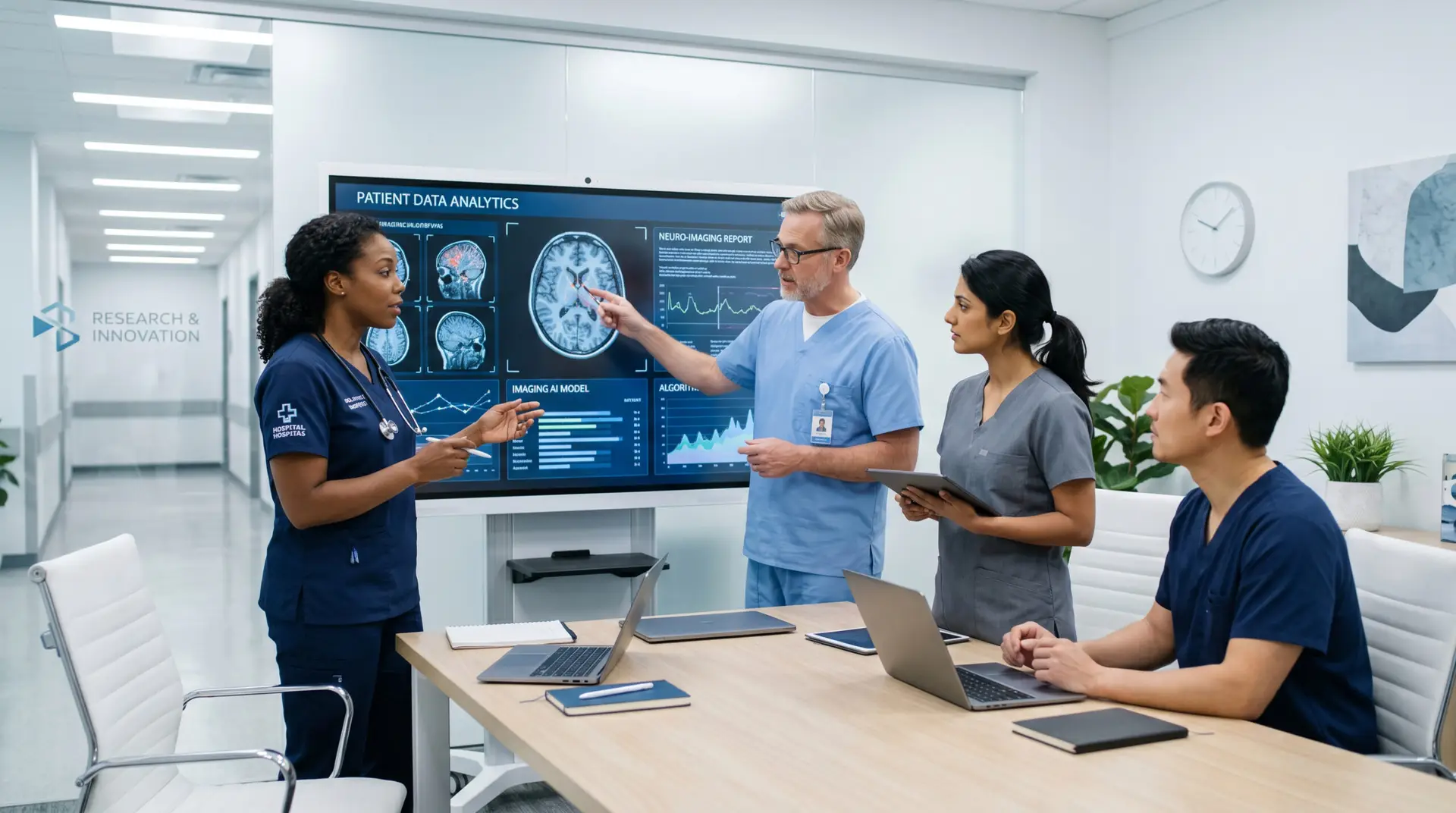 Pixilib scientific committee — medical experts collaborating around a workstation reviewing clinical imaging data.