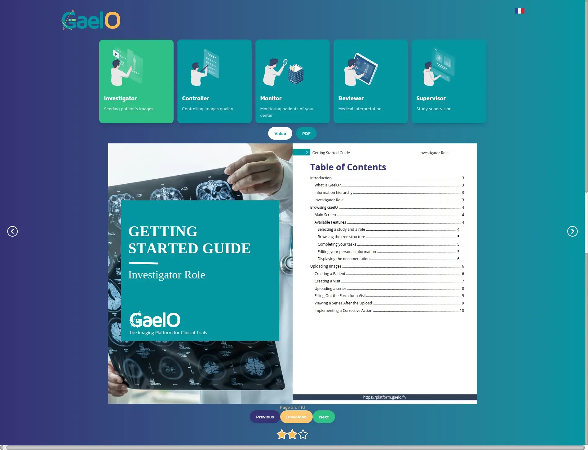 GaelO investigator support portal with multilingual documentation and video tutorials for clinical trial sites.