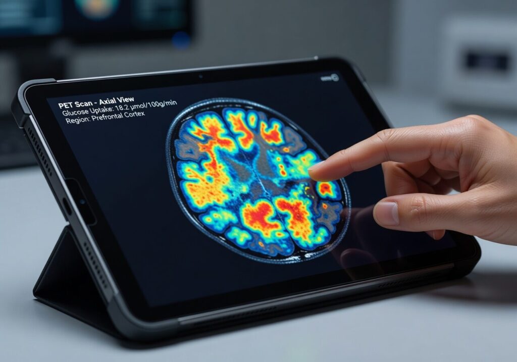 Close-up shot of a clinician's hands using a touch-screen tablet displaying a full-screen, high-definition medical scan with no software borders.