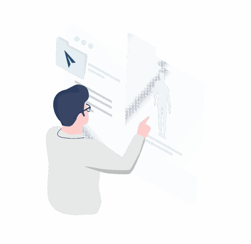 Illustration representing an investigator importing medical imaging data and full-web DICOM files into GaelO.