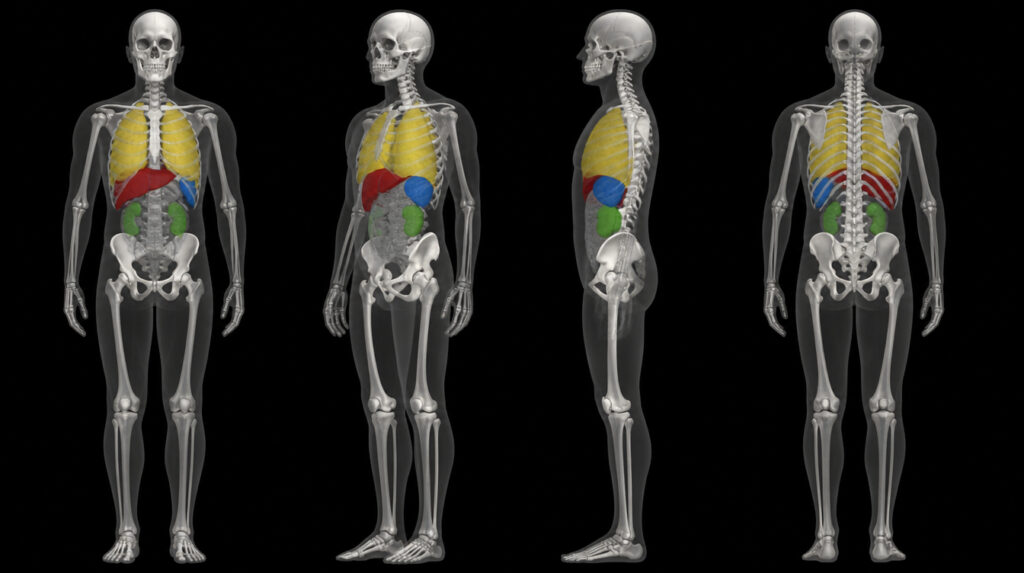 3D rendered whole-body CT scan with automated multi-organ segmentation generated by the Pixilib CT segmentation engine.