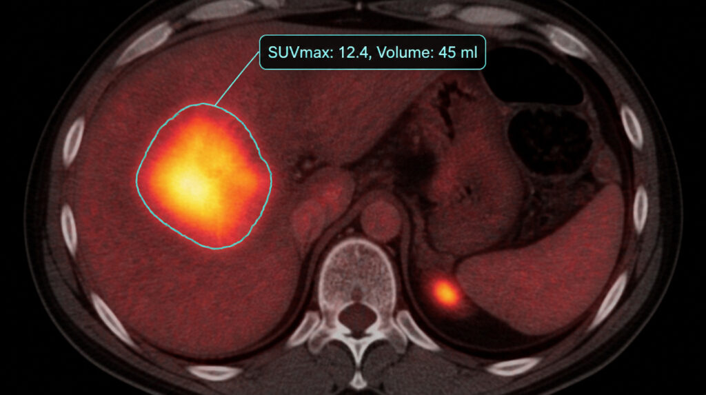 Close-up zoom on a hypermetabolic FDG-PET lesion with AI-generated segmentation contour and annotation showing SUVmax and Volume, computed by the Pixilib TMTV pipeline.