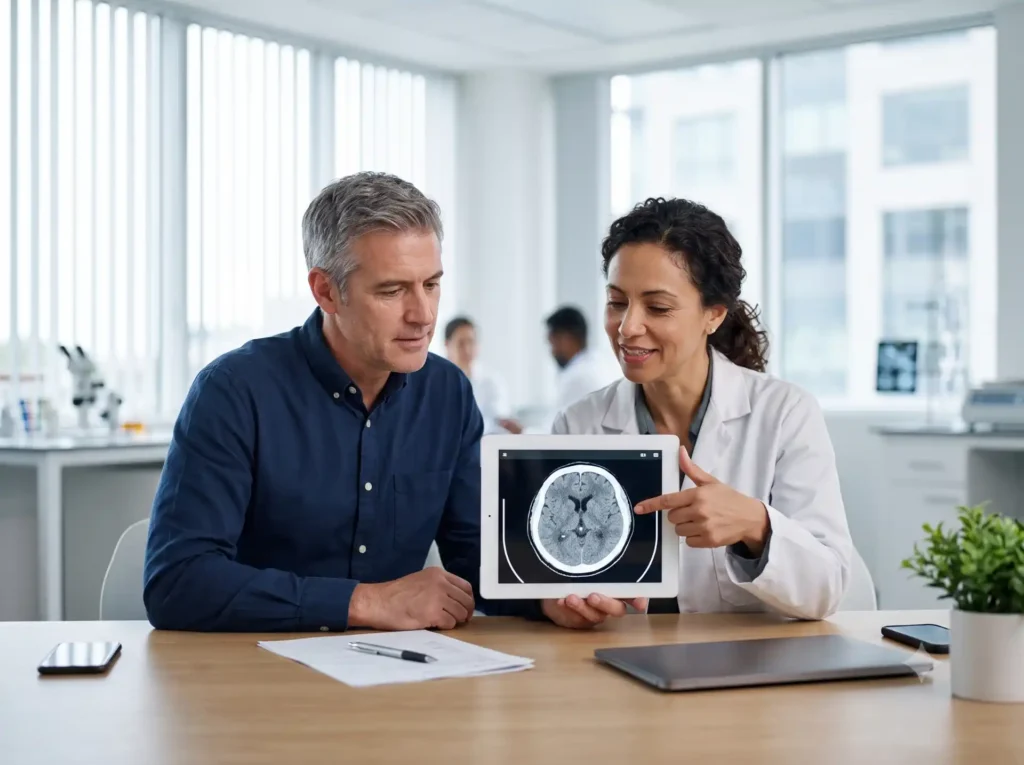 Two clinical researchers collaborating over medical imaging on a tablet.