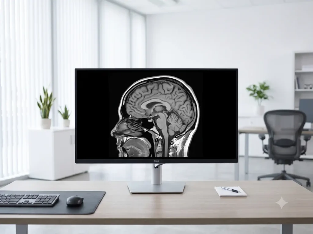 Anonymized medical imaging displayed on a laboratory screen.
