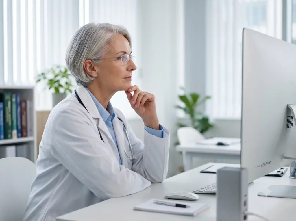 Profile portrait of a senior medical researcher looking at a monitor.