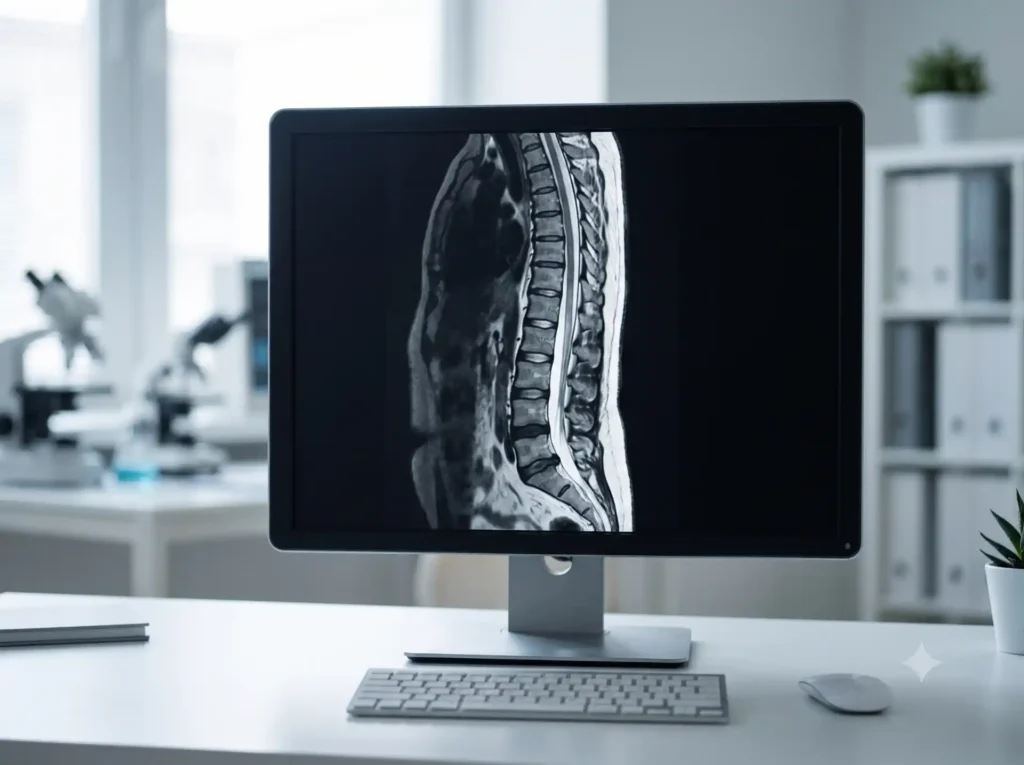 Medical workstation monitor showing a spine MRI scan on screen.