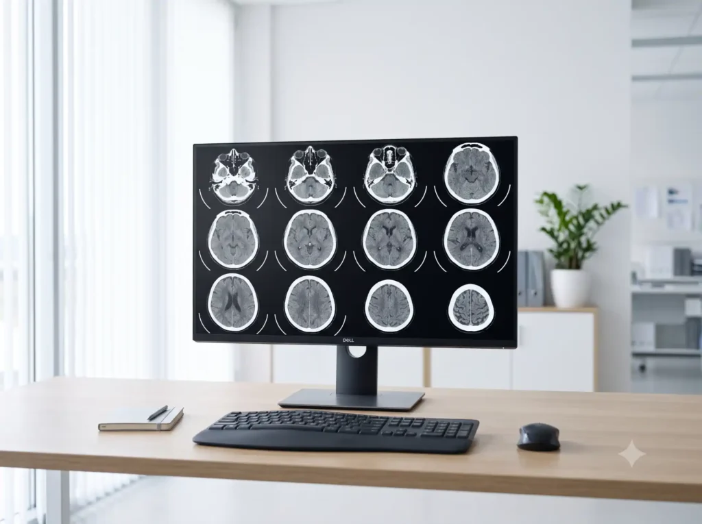 Medical monitor displaying a CT scan layout in a clinical research office.