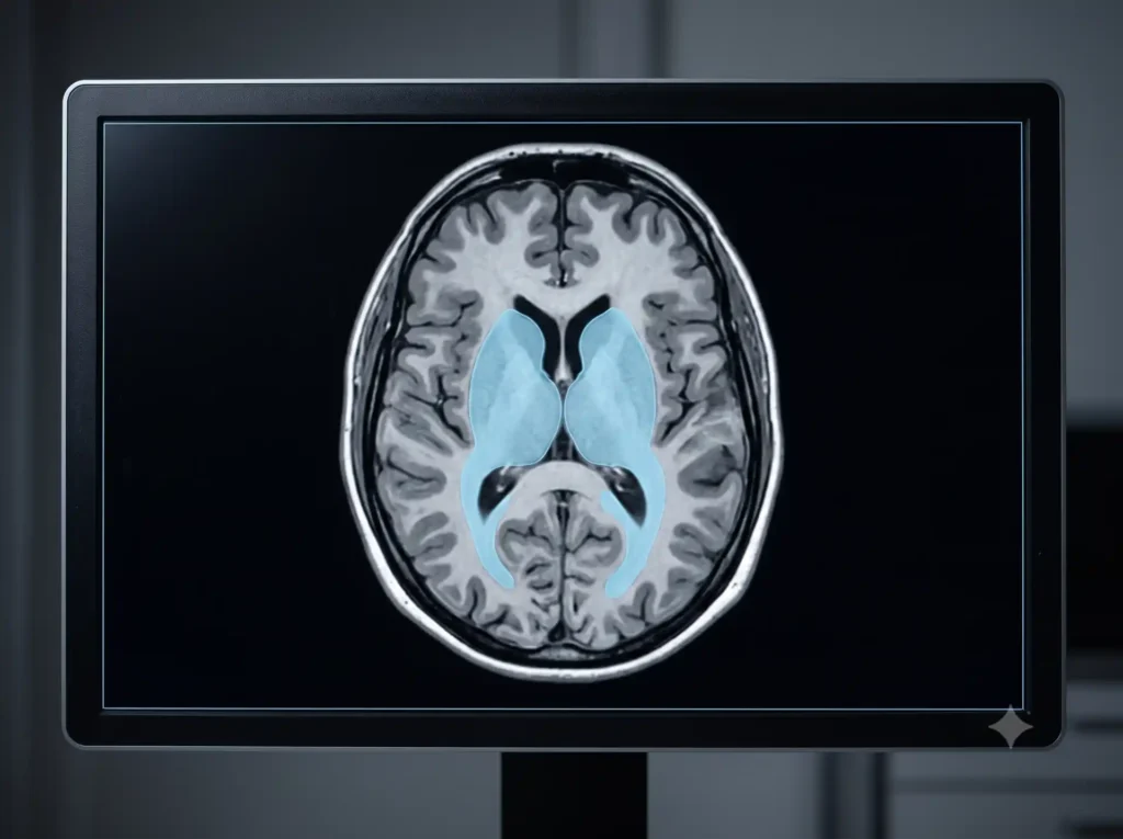 Brain CT scan with a colored AI segmentation overlay on a medical screen.