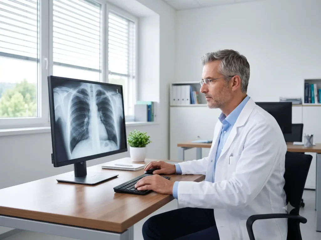 Focused radiologist reviewing a medical image on a workstation monitor.